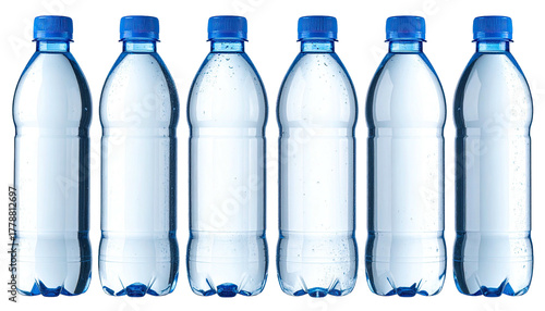Six clear plastic bottles filled with water, blue caps lined up