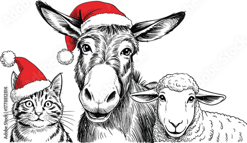Hand-Drawn Animals with Santa Hats – Christmas Holiday Fun
