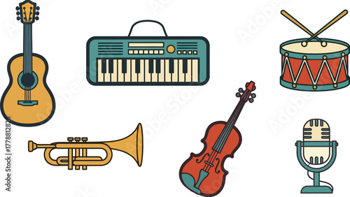 Guitar, keyboard, trumpet, drum, and microphone musical instruments collection colorful vector illustration silhouette icons