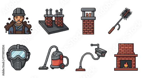 Chimney cleaning tools and equipment in pixel art style