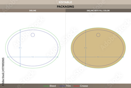 Custom dimensions hang tags oval dieline crafted through vector layout refining printing consistency packaging structure die line fold keeps oval tag centered and balanced