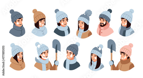 Winter characters in warm clothing and beanies diverse expressions set