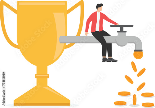 Businessman enjoy with dollar coins coming out of trophy money pipe.

