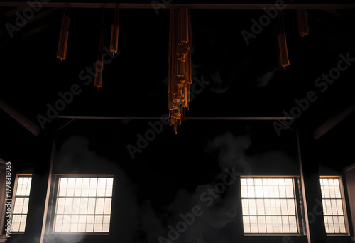 Dark room with hanging objects, smoke plumes, and grid windows