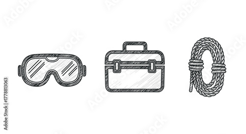 Sketched outdoor gear essentials goggles, toolbox, rope for adventure enthusiasts
