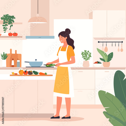 Young woman with a dark hair bun, wearing a yellow apron, standing and preparing to chop vegetables.