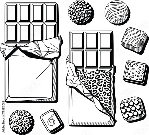 Hand drawn illustration of a chocolate bar and various chocolate candies on a white background