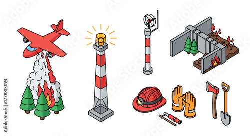 Isometric set of firefighting equipment and forest fire prevention icons
