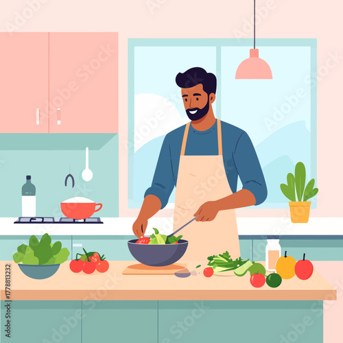 Man in apron preparing salad with fresh vegetables in kitchen, healthy lifestyle.
