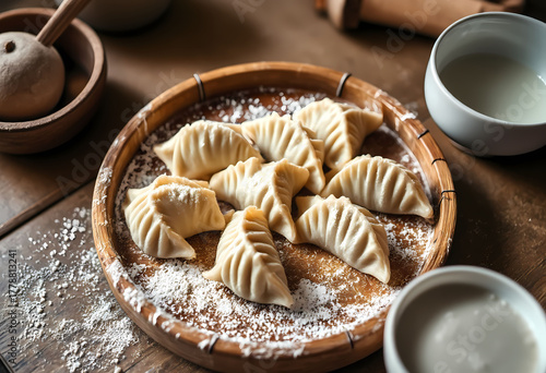 Raw dumplings on wooden tray with flour, food preparation