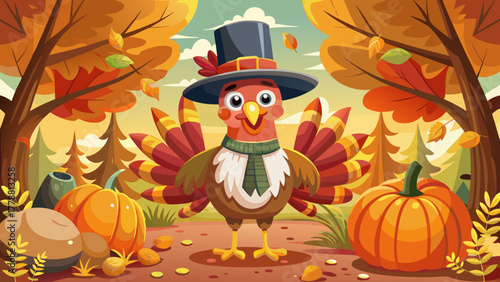 Very beautiful cartoon turkey wearing a pilgrim hat, surrounded by pumpkins and fall leaves, cheerful Thanksgiving character design for children’s illustration.