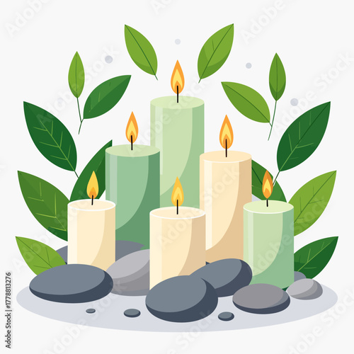 Relaxing spa scene with lit candles, fresh green leaves, and smooth grey stones.