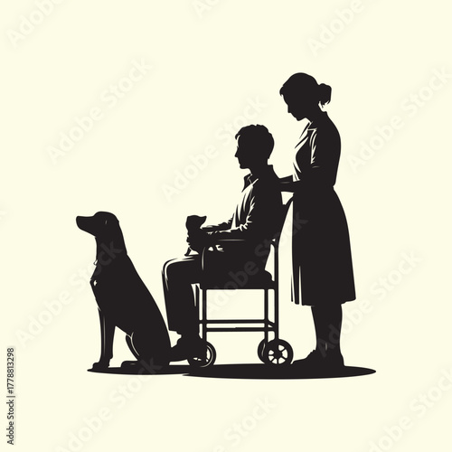 Nurse assisting man in wheelchair with dog caregiver