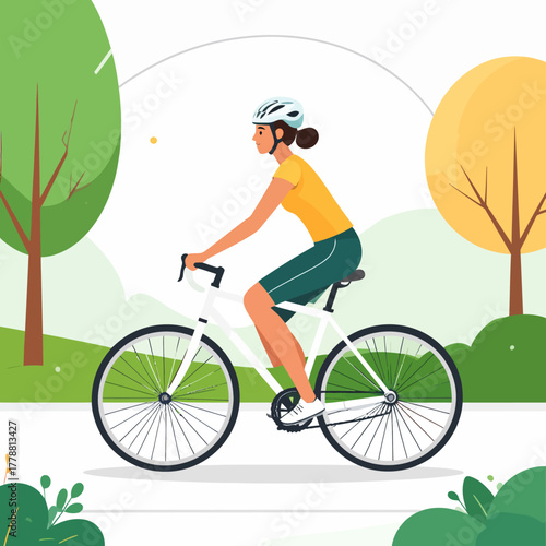 Woman in Yellow Shirt Cycling Outdoors with Helmet and Bicycle.