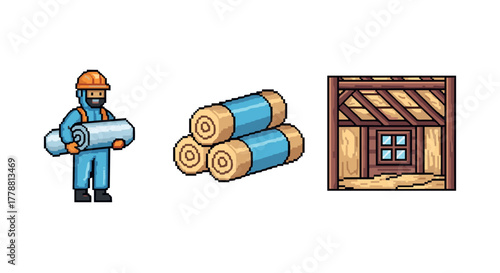 Pixel art construction worker with insulation rolls and attic scene