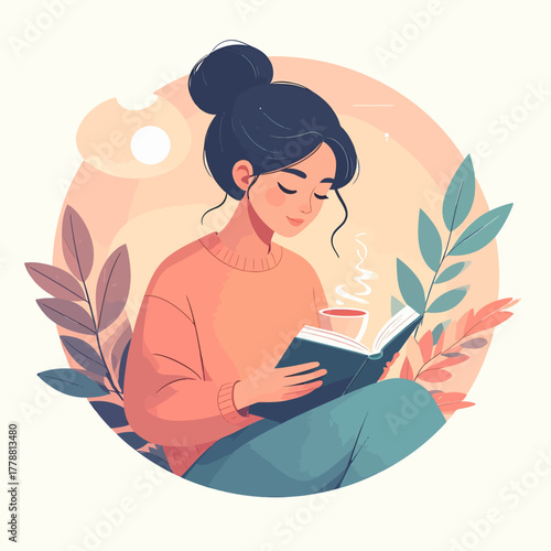 Woman Reading Book with Coffee, Relaxing with Foliage, Calm and Serene Illustration.