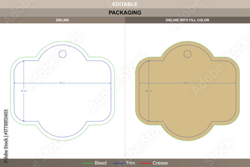 Custom dimensions curved hole tags cards dieline developed by vector precision refining printing structure packaging fold die line keeps curved hole shape centered neatly