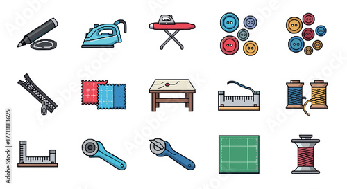 Sewing and tailoring tools icons set in modern flat style