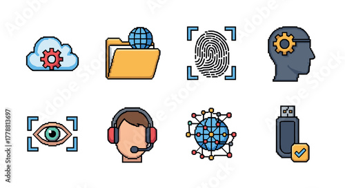 Modern technology and security cloud computing, authentication, and digital networks in flat design