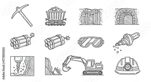 Hand drawn mining equipment and safety icons set in sketch style