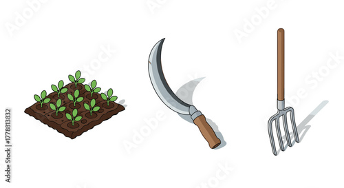 Isometric gardening tools and seedlings set for agricultural design