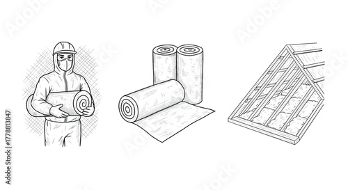 Hand drawn insulation materials and installation in construction