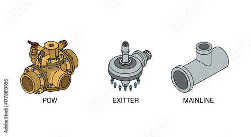 Plumbing components diagram featuring valves, emitters, and mainlines in detailed design