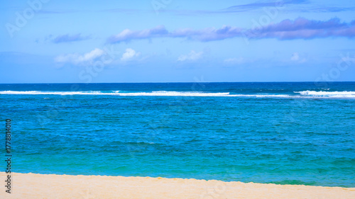 Fototapeta Naklejka Na Ścianę i Meble -  The summer vacation background with white sand Nature on the beach and sea ocean blue water summer barrier reef