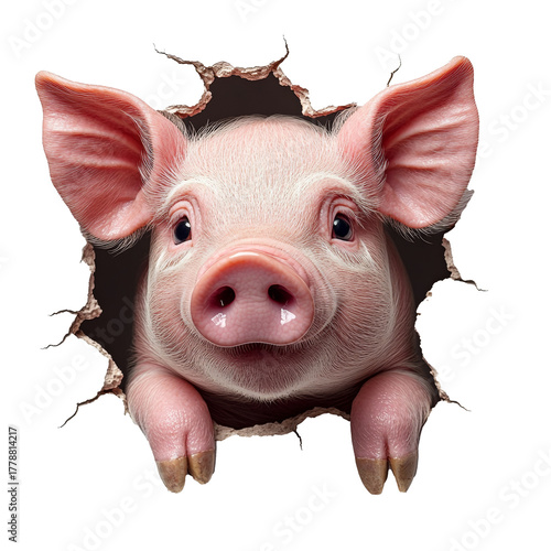 A charming piglet is peeking its face cutely through a hole in a white wall, as if it has just dug it itself. The funny composition is perfect for children's stories, cheerful posts, 