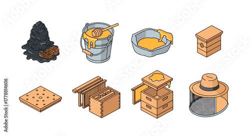Isometric bee farming elements honeycombs, tools, and equipment