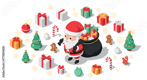 Festive santa claus with gifts and christmas icons in isometric style
