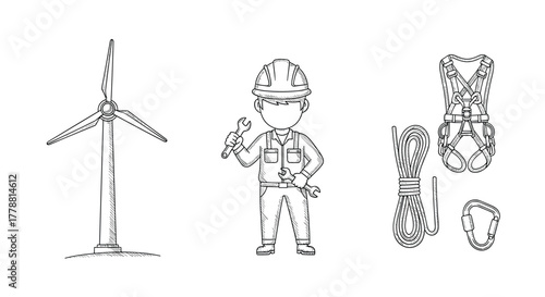 Sketch style wind turbine technician and safety equipment set