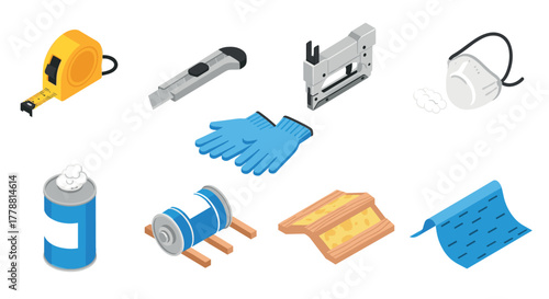 Essential construction tools and materials in isometric style