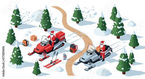 Santa riding snowmobiles through winter forest with gifts and gear in isometric style