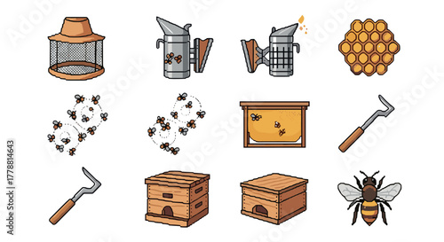 Pixel art beekeeping tools and bees collection