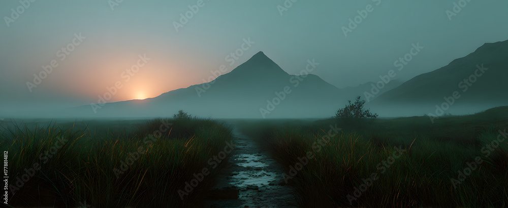 Fototapeta premium The foggy meadow at sunrise whispers solitude like a shy dawn dancer in soft light