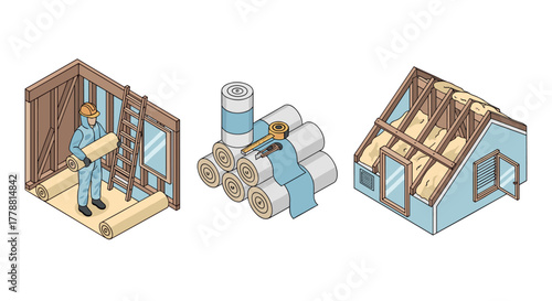 Home insulation isometric illustration worker, materials, and house crosssection
