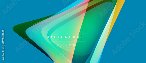 Abstract geometric shapes overlap, creating vibrant layered effect. Blue backdrop enhances colorful design elements. Modern, dynamic composition.