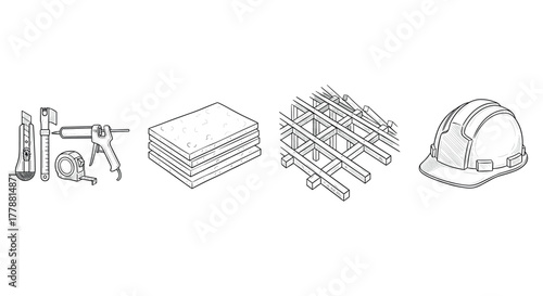 Construction tools and materials in linear style