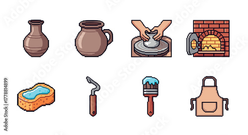 Pixel art pottery studio elements clay crafting tools and techniques