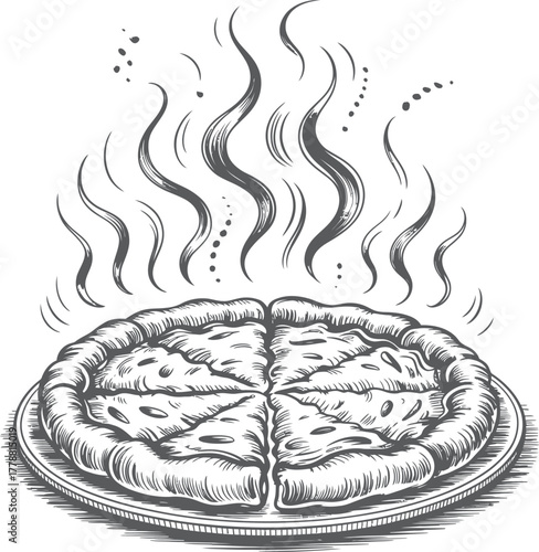 Hand-Drawn Hot Pizza Illustration, Vintage Italian Food Sketch with Steam for Culinary and Restaurant Design
