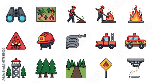 Firefighting icons set featuring tools, equipment, and safety symbols in pixel art style