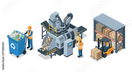 Isometric recycling scene with workers, machinery, and forklift in a waste management facility