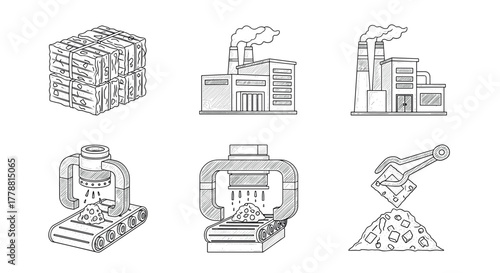 Monochrome sketch of industrial machinery and manufacturing buildings collection