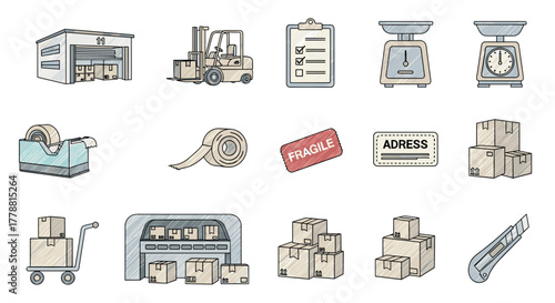 Warehouse and shipping equipment in hand drawn style