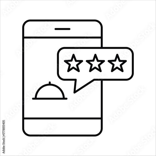 Mobile app icon depicting online food service, restaurant review, and customer feedback. Shows a cloche and three stars, representing quality and user experience in digital dining