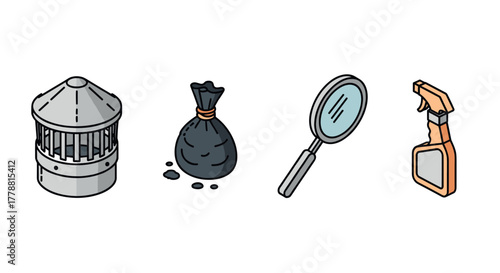 Icons of a wind turbine, sack, magnifying glass, and spray bottle in isometric style