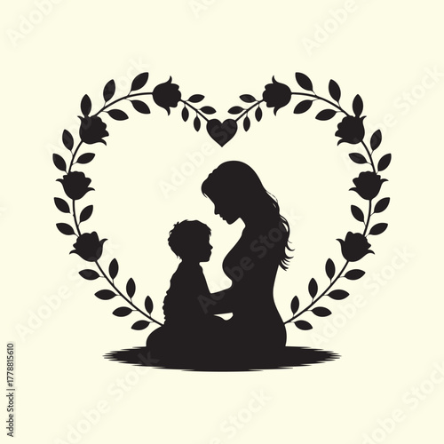 Silhouette of Mother and Child Embracing within a Heart Frame