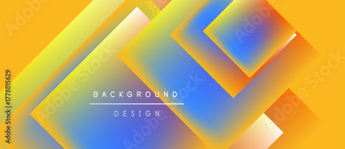 Abstract geometric shapes overlap, creating vibrant gradient effect. Yellows, blues, oranges blend seamlessly. Modern design element.