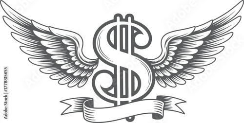 Vintage Flying Dollar Symbol Illustration, Hand-Drawn Money Wings Line Art for Finance, Success and Business Design